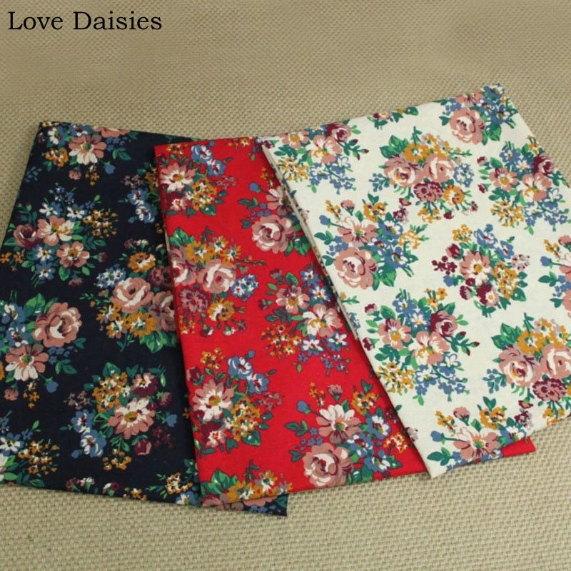 Cotton/Linen RED DARK BLUE CREAM Brown Fuchsia Blue Yellow Rose Flower Fabric for Handwork Decor Tablecloth Apparel Craft Bag