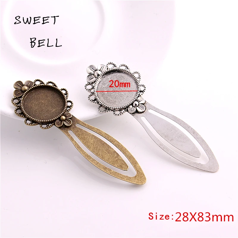 Sweet Bell 8pcs Two Color Alloy Cameo Flower Steel Bookmarks 20mm-28*83mm Round Cabochon Settings Jewelry Blank Charm 13C1633