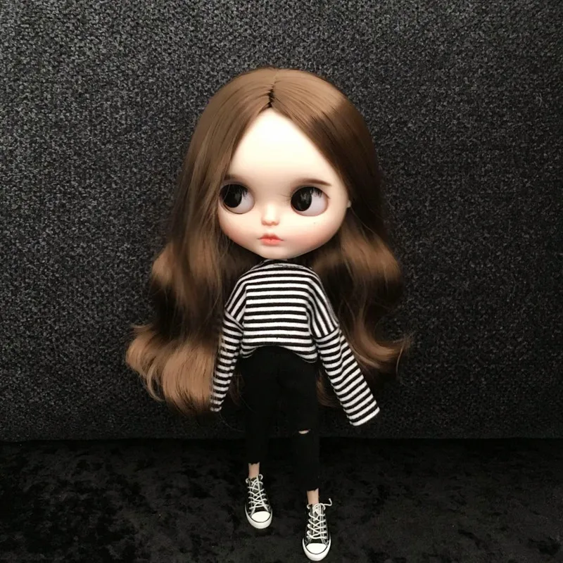 

T02-X700 gift girl Blyth Doll clothes 30cm 1/6 dolls Azone Accessories clothes black white striped top and hole pants 2pcs