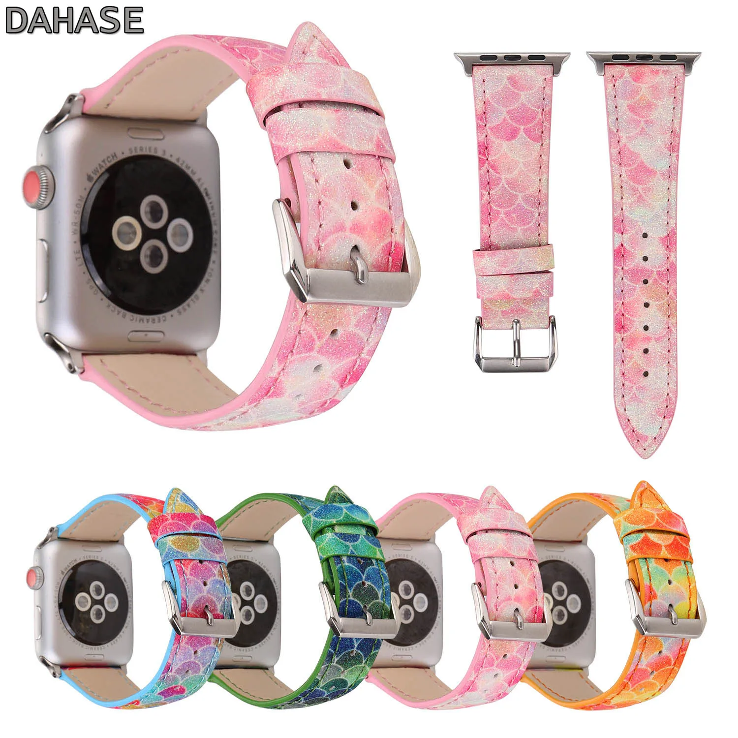 Colorful Fish Skin Prints Genuine Leather Strap for Apple Watch Band 876543 SE Bracelet for iWatch 38mm 42mm 40 44 41 45mm Belt