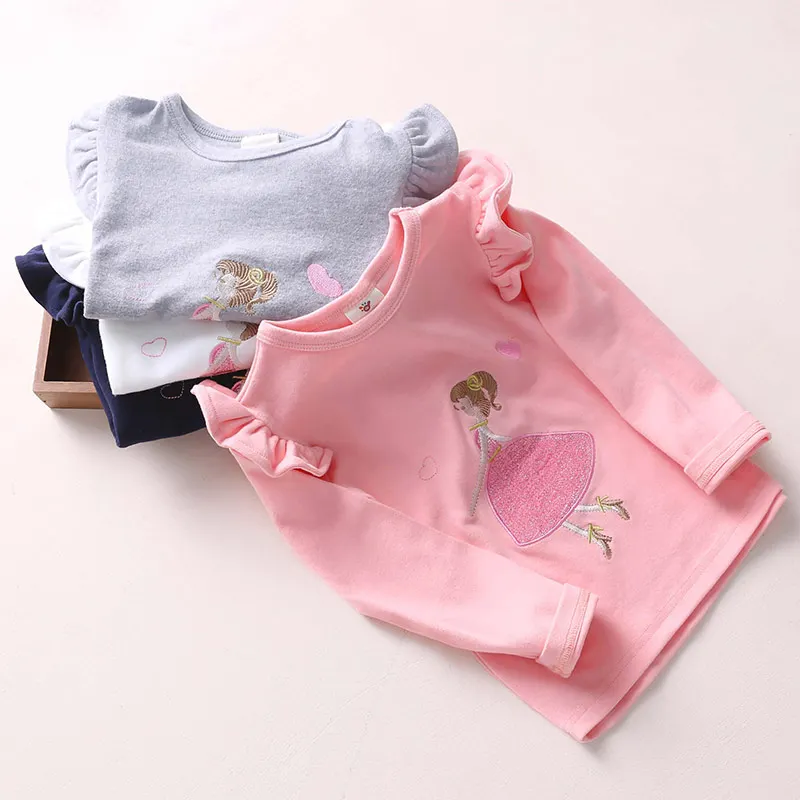 Spring Autumn 2 3 4 6 8 10 Years Baby Children\'S Clothing Long Puff Sleeve Solid Color Cartoon Girl Basic T-Shirt For Kids Girls