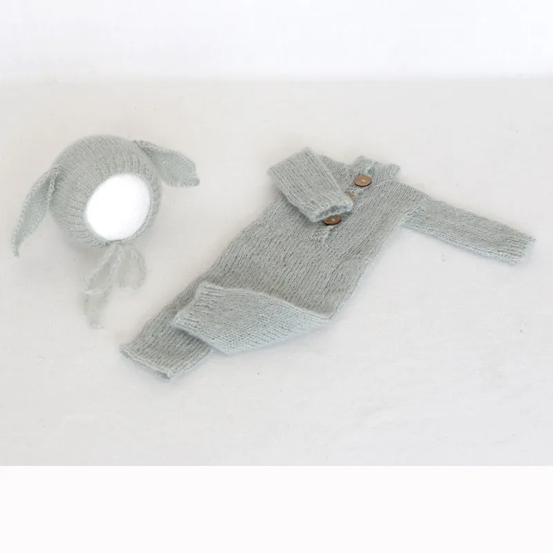 

Light Grey Baby Bonnet Outfit Baby Photography Bonnet Knit Soft Newborn Hat Cute Baby Jumpsuit Pajamas Newborn Pants Set Props