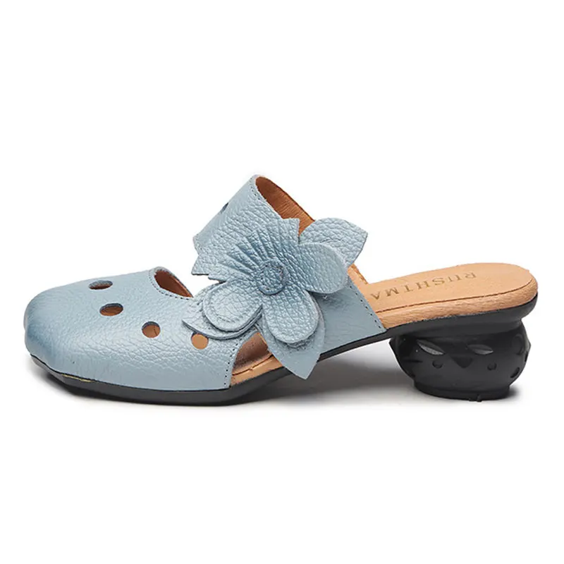 Xiuteng Hollow Sandals Flowers Pattern Genuine Leather Big Head Adjustable Daily Sandals Ladies Shoes Spring New Women Slippers