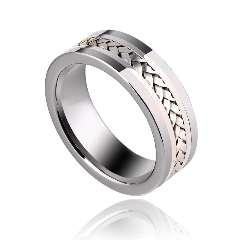 

New Fashion Man's Luxurious Rings 8mm Width Tungsten Steel Band Inlay Silver High Quality Size 6-13 Free Engraving