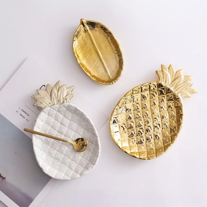 Decorative Gold Pineapple Leaf Ceramic Charger Plate, Porcelain Candy Trinket Dish, Jewelry Storage Plate, Crockery Tableware