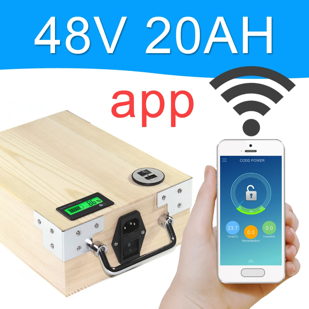 

APP 48V 20AH Electric bike LiFePO4 Battery Pack Phone control Electric bicycle Scooter ebike Power 1000W Wood