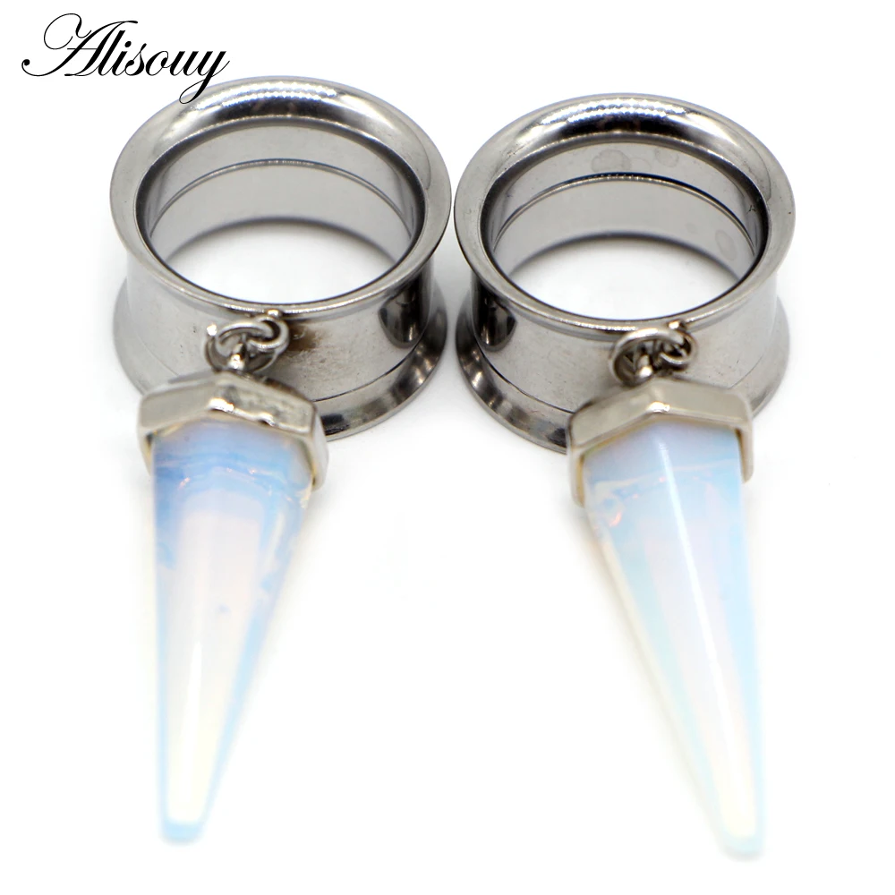 Alisouy 2pcs Surgical Steel Opal Purple Stone Ear Plug Tunnel Expander Ear Gauges Cone Internally Thread Piercing Body Jewelry