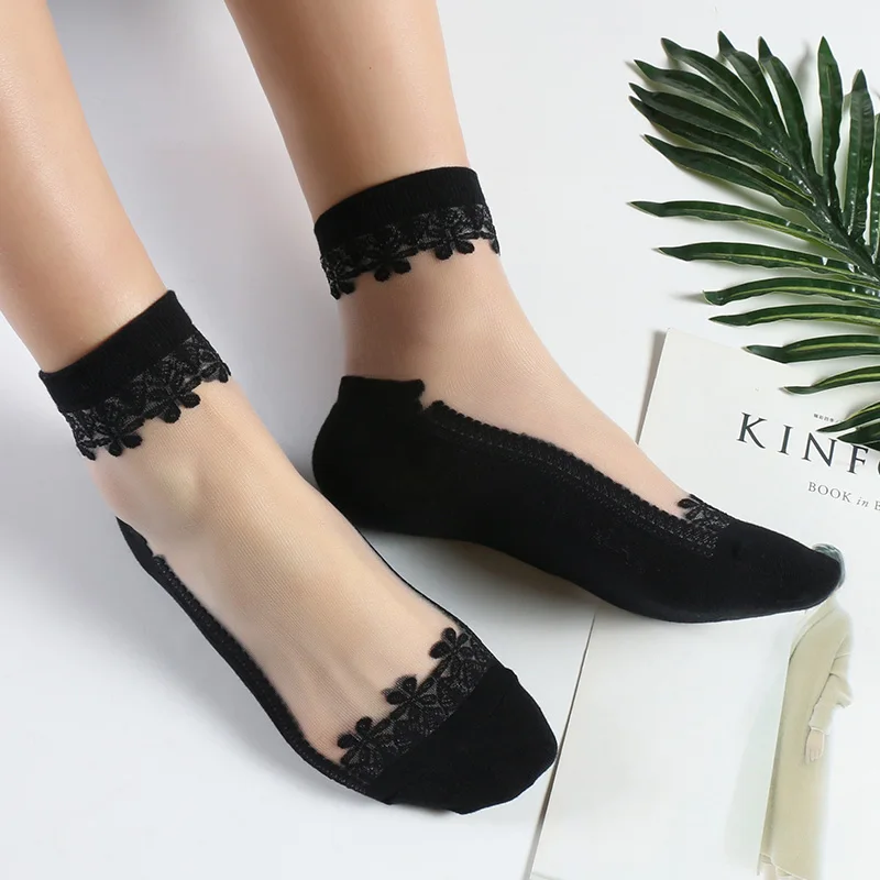 

5 Pairs/Lot Summer Women Japanese Thin Lace Transparent Crystal Crew Socks Ladies Solid Color Harajuku Sweety Flowers Sharpety