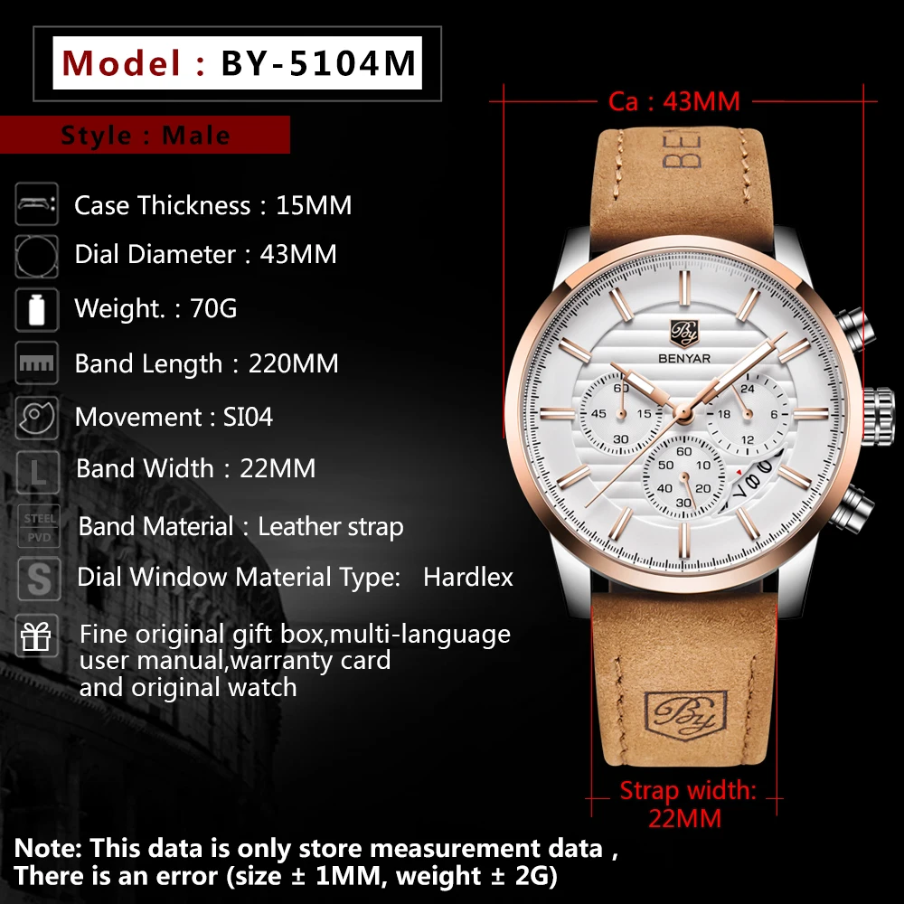 BENYAR Men Watches Top Brand Luxury Business Waterproof Sport Chronograph Quartz Man Wrist Watch Male Clock Relogio Masculino