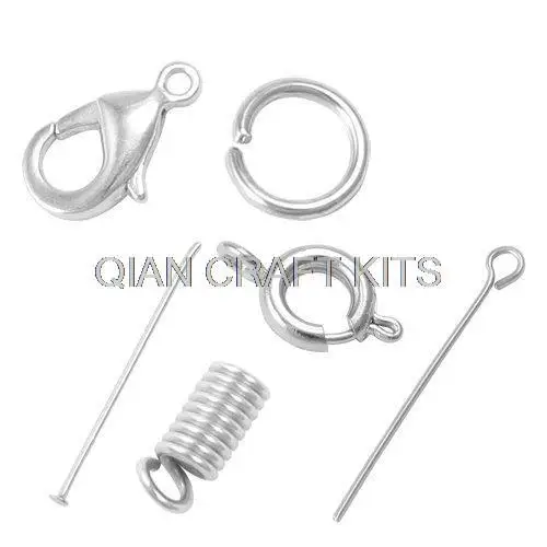 set of 500pcs Jewelry DIY Findings Kit , Jumprings,eye pins ,lobster claw clasps,Headpins,spring cord ends in plastic container