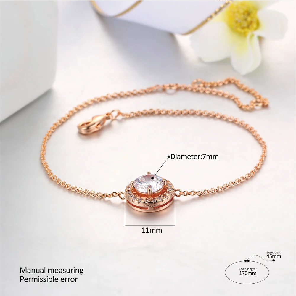 Double Fair 7 mm Round CZ Stone Charm Bracelets For Women Rose Gold Color Crystal Women\'s Hand Chain Jewelry New DFH165