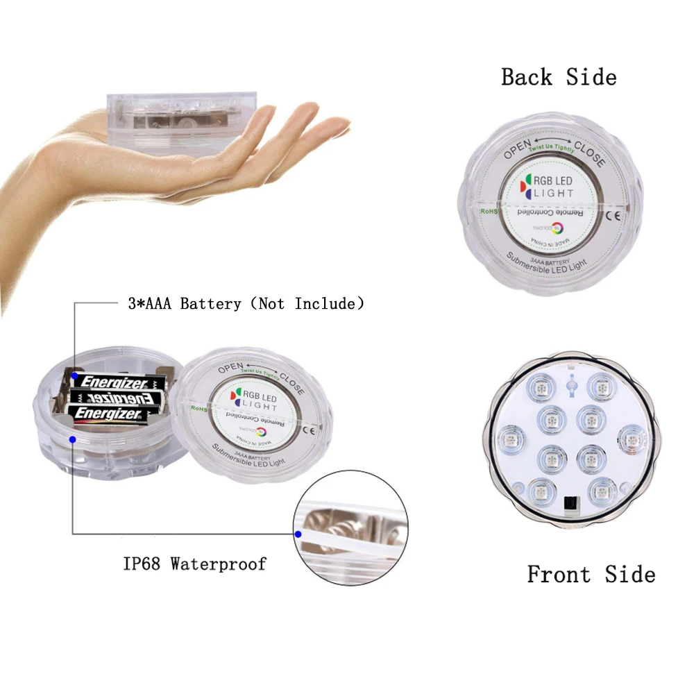 مصباح led غاطس مقاوم للماء مع جهاز تحكم عن بعد ، مصباح شموع للشاي ، وعاء مزهرية ، حوض سمك ، 24 مفتاح ، RGB ، 10LED