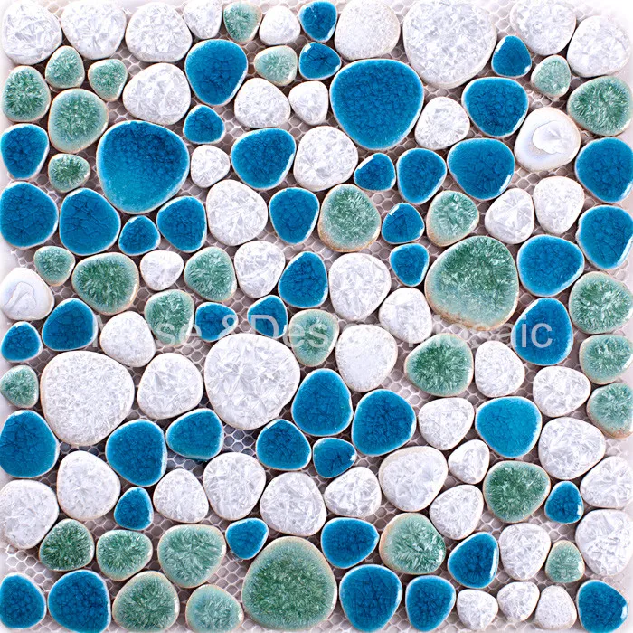 

Porcelain Sky Blue mixed Lake Green White pebble ceramic mosaic tile bathroom floor tile Kitchen Backsplash