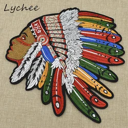 Lychee 24cm Oversized Colorful Indian Head Feather Embroidery Patches With Adhesive DIY Sewing Garment Applique