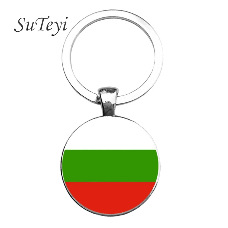 Classic National Flags Keychains Bulgaria Belgium Flag Glass Key Chain Car Bag Keyring Accessories