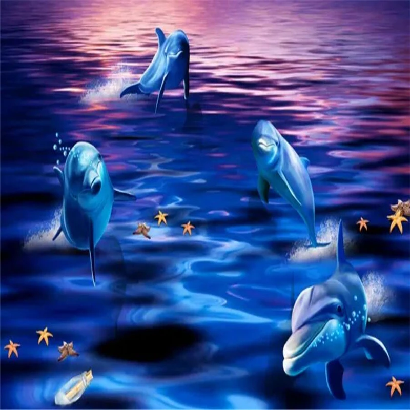 

Beautiful sea world dolphins play in 3D TV background wall