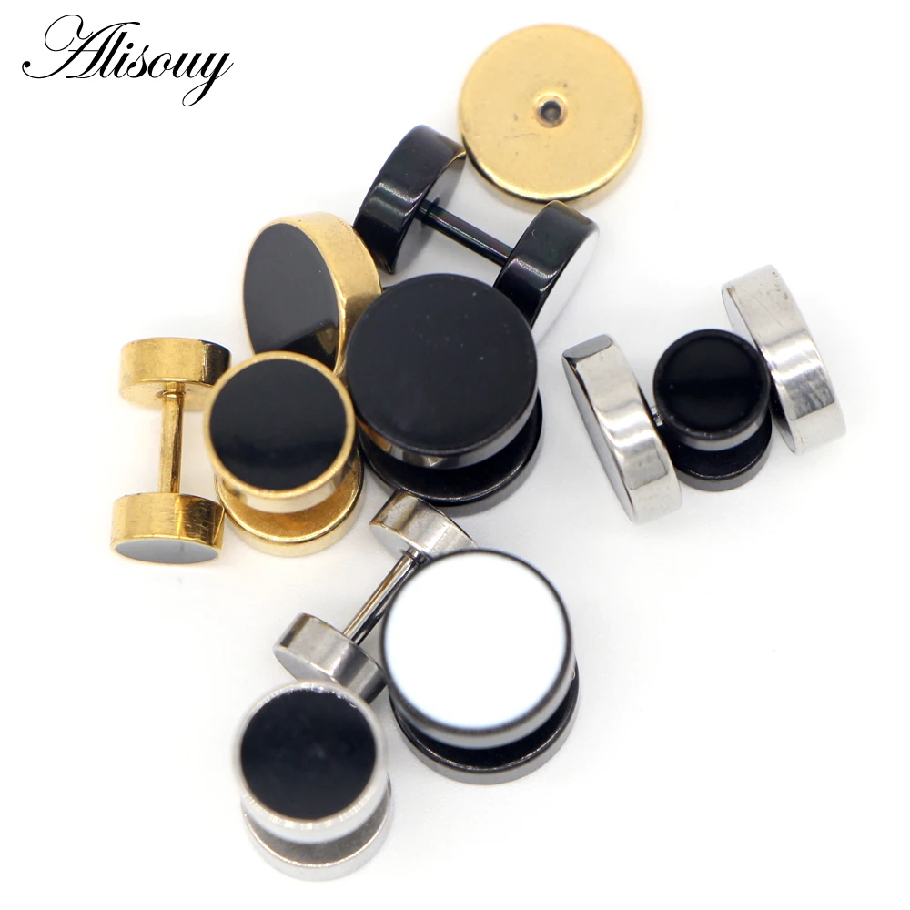Alisouy 2pcs Stainless Steel Earring Studs Girl Boy Earrings Drip Oil Round Barbell Body Piercing Jewelry Fake Ear Plug Tunnels