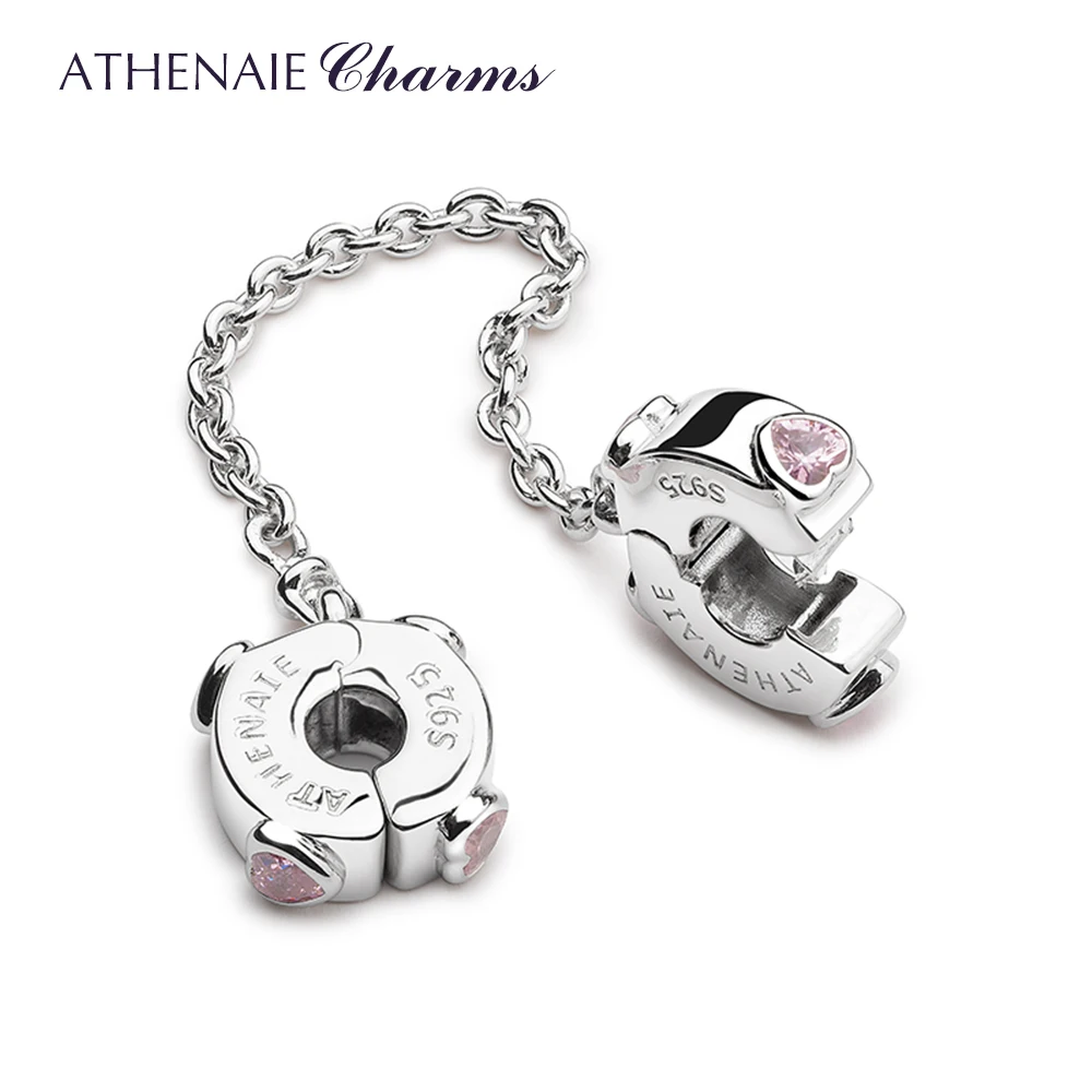 ATHENAIE Authentic 925 Sterling Silver Pink CZ Love Hearts Dangle Safety Chain Charm Fit Bracelets DIY Jewelry Valentine\'s Day