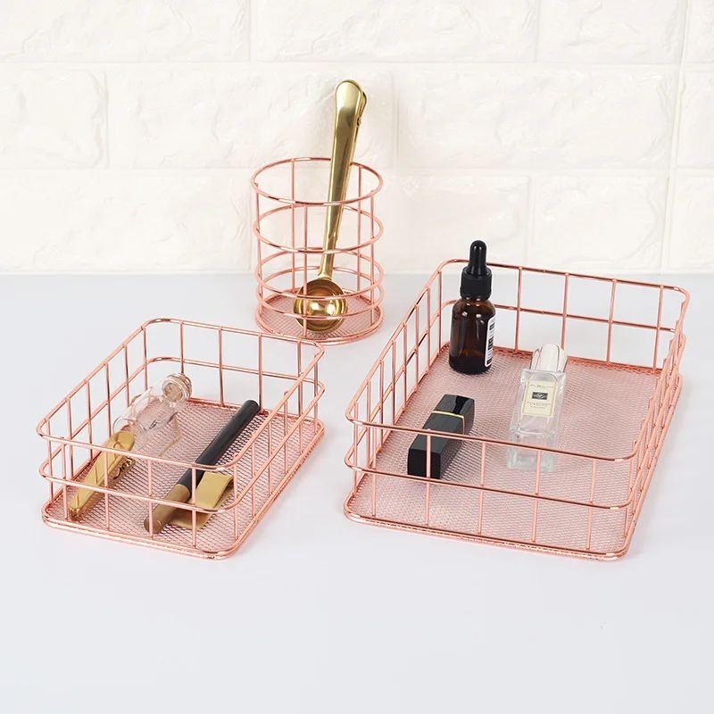 Copper Storage Basket Cosmetic Organizer Rose Gold Makeup Brushes Holder Metal Wire Toiletry Collection Baskets Bathroom Shelves