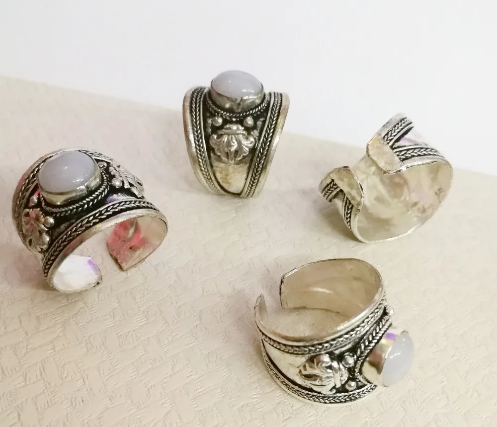 

5pcs Excellent Old Tibet Silver Carved rings white Moonstone Stone Ring Adjustable