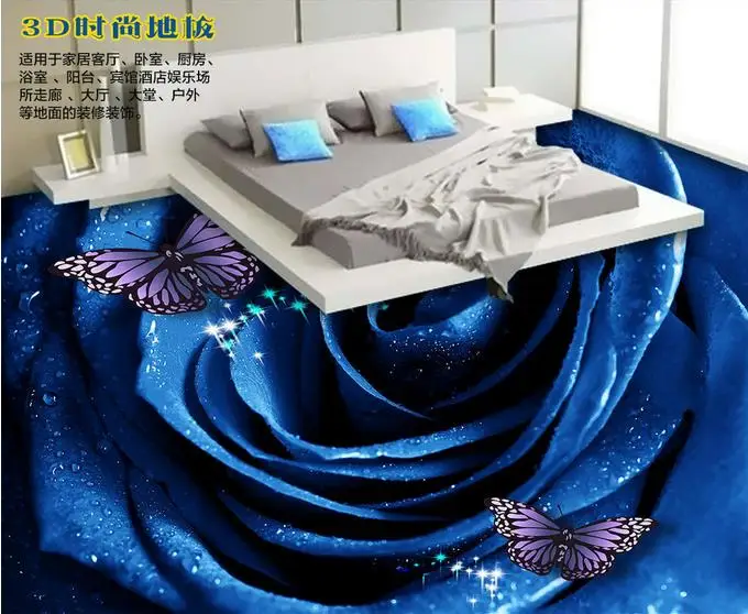 Customize papel de parede 3D Fooring Dewdrop blue rose double disc 3D Flooring Wallpapers Bathroom Photo Wallpaper