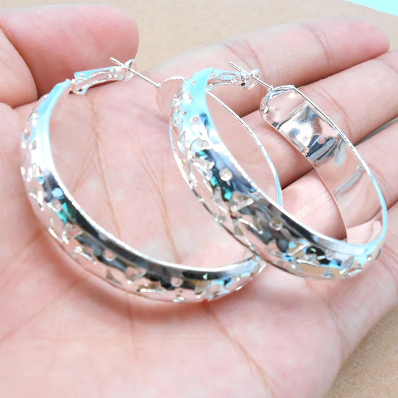 925 High Quality Silver colorSimple Wide Hollow Ear Ring Big 50MM Circle Female Earrings Wholesale Fashion