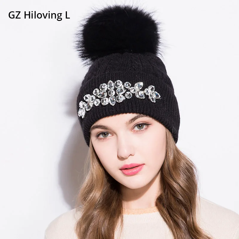 

GZHilovingL 2017 New High Diamonds Winter Warm Beanies Hats For Womens Female Girls Soft Wool Knitted Fur pompom Beanie Skullies