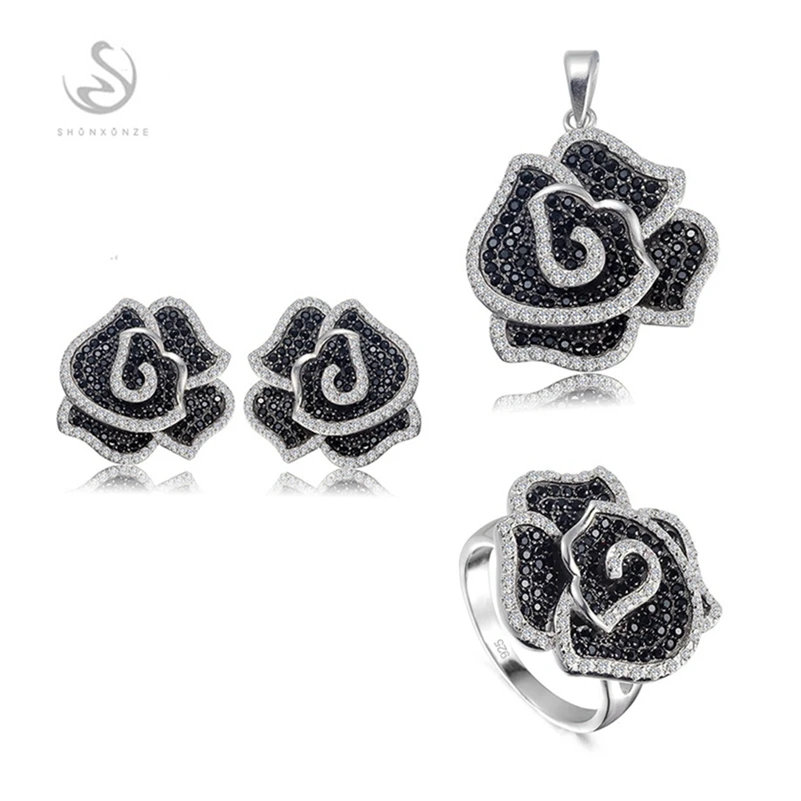 Eulonvan Charms Luxury Jewelry Sets 925 Sterling Silver Jewelry (Rng/Earring/Pendant) White And Black Cubic Zirconia S-3789Set