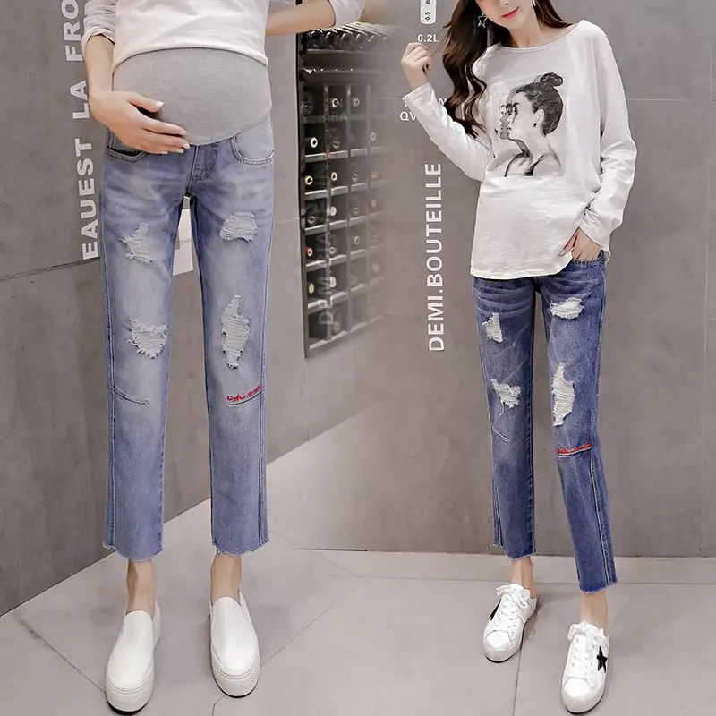 Pregnant women jeans pregnant women autumn and winter fashion embroidered jeans hole stomach lift pregnant women pants