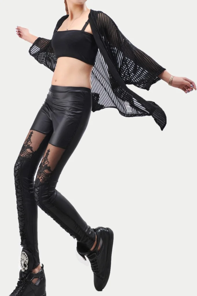 Black Punk กางเกงขายาวผู้หญิง Leggings หนัง Faux Leginsi Lacina Calca ลายดอกไม้ผ้าพันคอลูกไม้เย็บ Gothic เสื้อผ้า PU