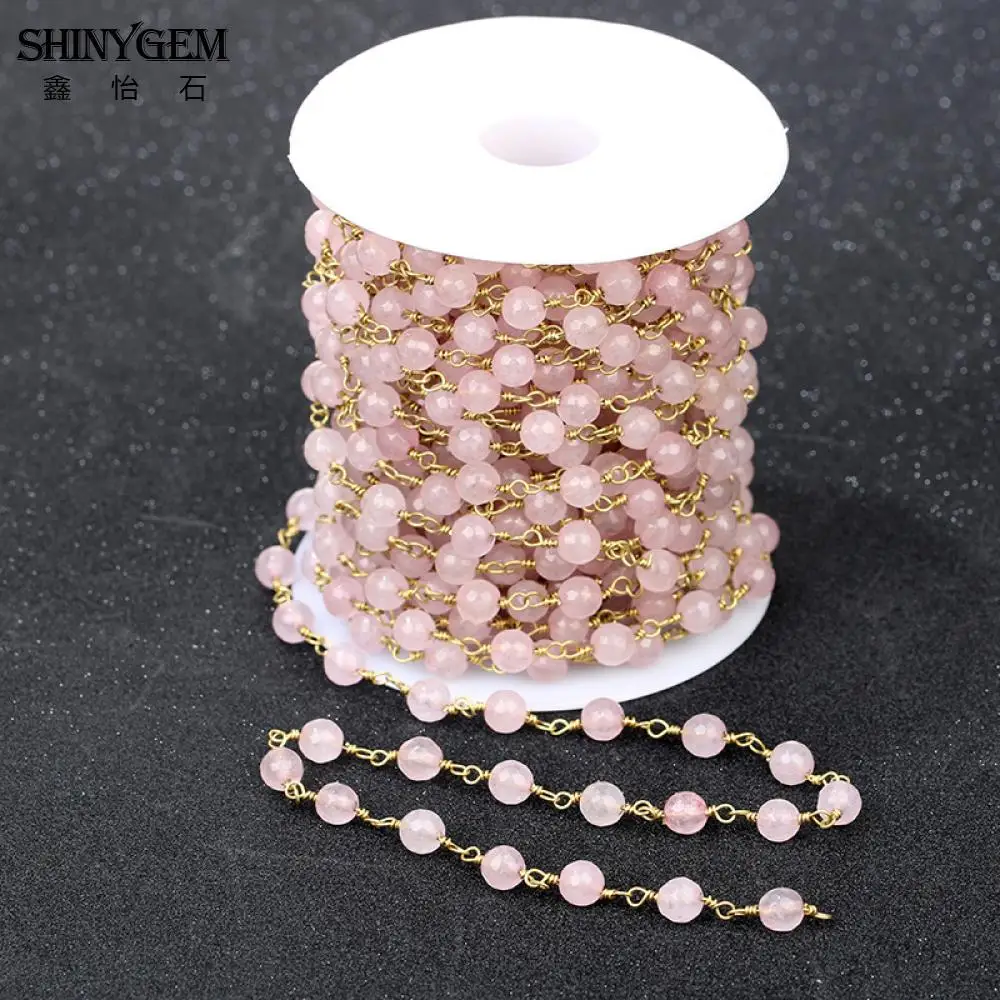 ShinyGem 6mm Faceted Rose Quartz Bead Chains Gold Plating AAA Grade Natural Pink Crystal Rosary Chains For Jewelry Making 5M/Lot