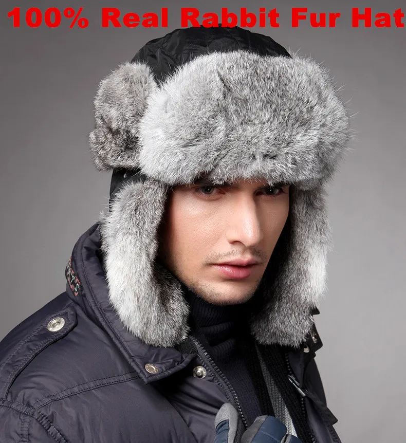 High Quality Mens  Real Rabbit Fur Winter Hats With Ear Flaps Outdoor Warm Snow Caps Russian Hat Bomber Cap For Women W00256 image 3