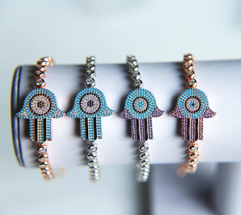 2022 Top Quality Blue purple turkish fashion fatima tennis AAA cubic zirconia bling women girl hamsa hand bracelet hansa jewelry