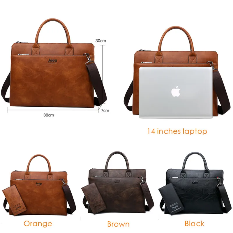 JEEP BULUO Brand High Quality 14 inch Laptop Business Bags Men Briefcases Set For  Handbags Leather Office Large Capacity Bags