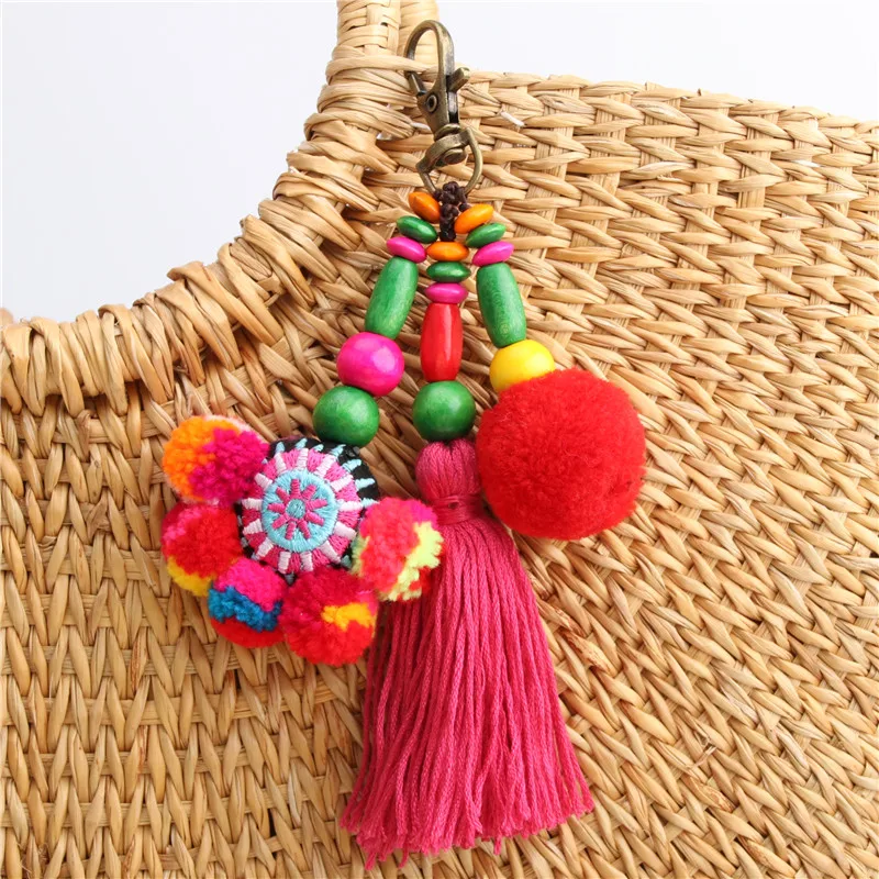 1pc flor encantos chaveiros contas de madeira com pompom keyring colorido jóias boho estilo