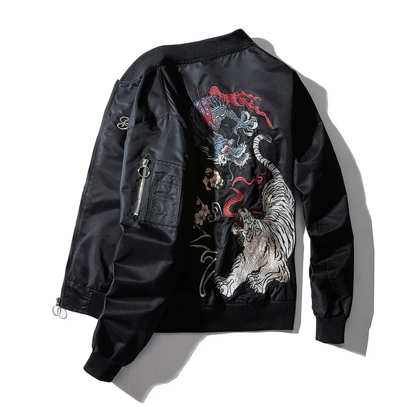 Embroidery Mens Bomber Jacket Dragon Tiger Autumn Winter Pilot Jacket Men Hip Hop Japanese Baseball Youth Jacket Streetwear Male