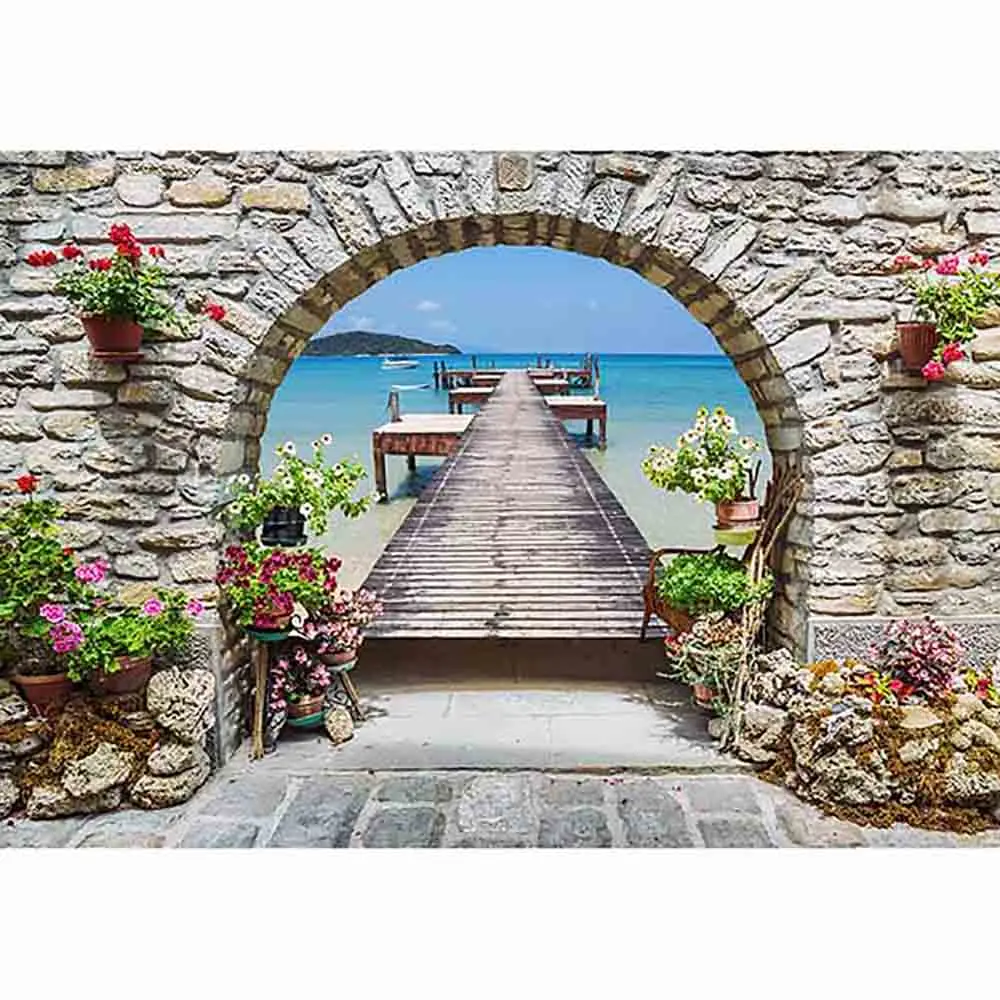 Allenjoy backgrounds for photography studio sea view through stone arch door flowers Wooden Bridge italy backdrop photocall