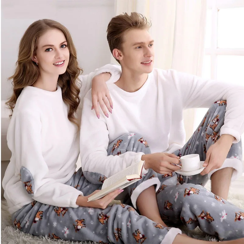 iTnter Autumn Fashion Pyjama Femme O-neck Nightwear Female Pajama Sets For Women Men Warm Flanne Pijamas Suit Couple Lounge