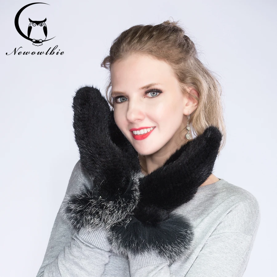 Women high-end luxury mink gloves, wrist band with high-grade fox fur, mink encryption system, warm and comfortable winter