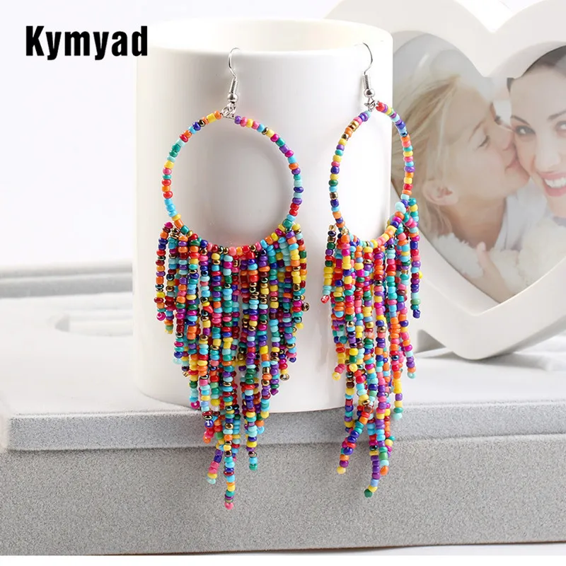 Kymyad-pendientes bohemios con borlas y cuentas para mujer, aretes largos y grandes, hechos a mano, Estilo Vintage, 2022