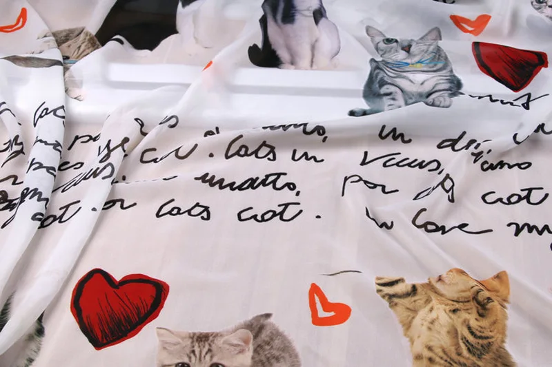 Fashion Show Lovely Cats and English Letter White Chiffon Fabric For Woman Summer Long Beach Dress DIY Cloth Sewing Material