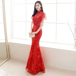 Chinese Bride Wedding Evening Party Cheongsam Women Red Mermaid Long Qipao Large Size 3XL Sexy Slim Dress Gown Lace Vestidos