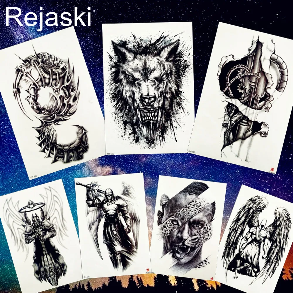 REJASKI Totem Mechanical Arm Temporary Tattoo Sticker  Wolf Leopard Wing Knight  Body Art Arm Fake Tatoo Waterproof Tattoos Men