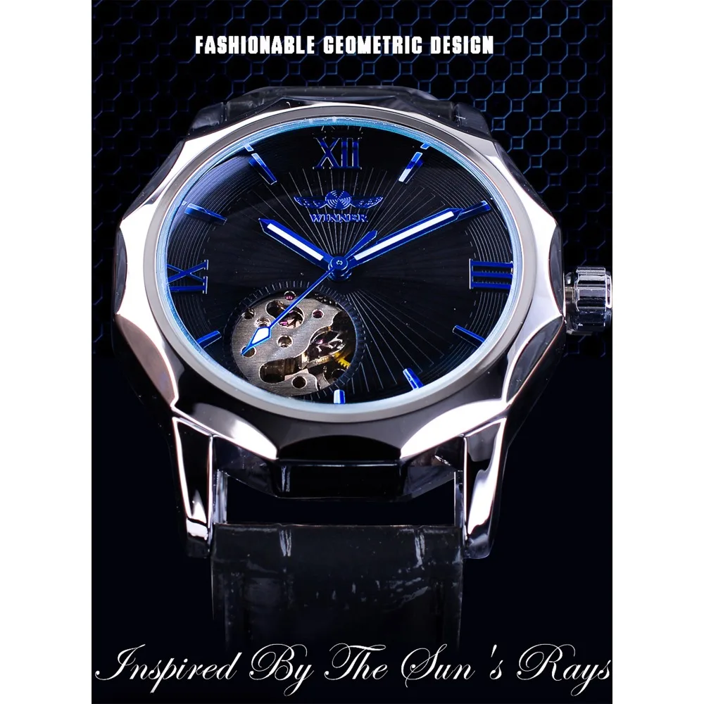 Winner Watch + Band Set Combination Blue Ocean Geometry Transparent Skeleton Men Brand Luxury Automatic Fashion Mechanical Clock