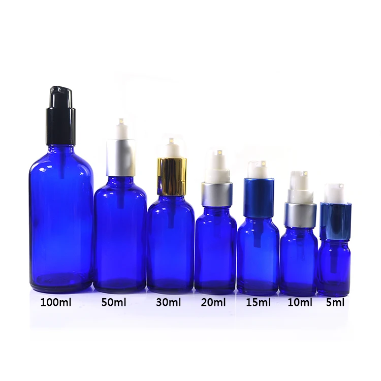 

Small Blue Glass Bottle Cork Stoppers Essential OIil Black 30ml 1 oz Round Airless Pump Bottle Glass Perfume Bottles with Spray