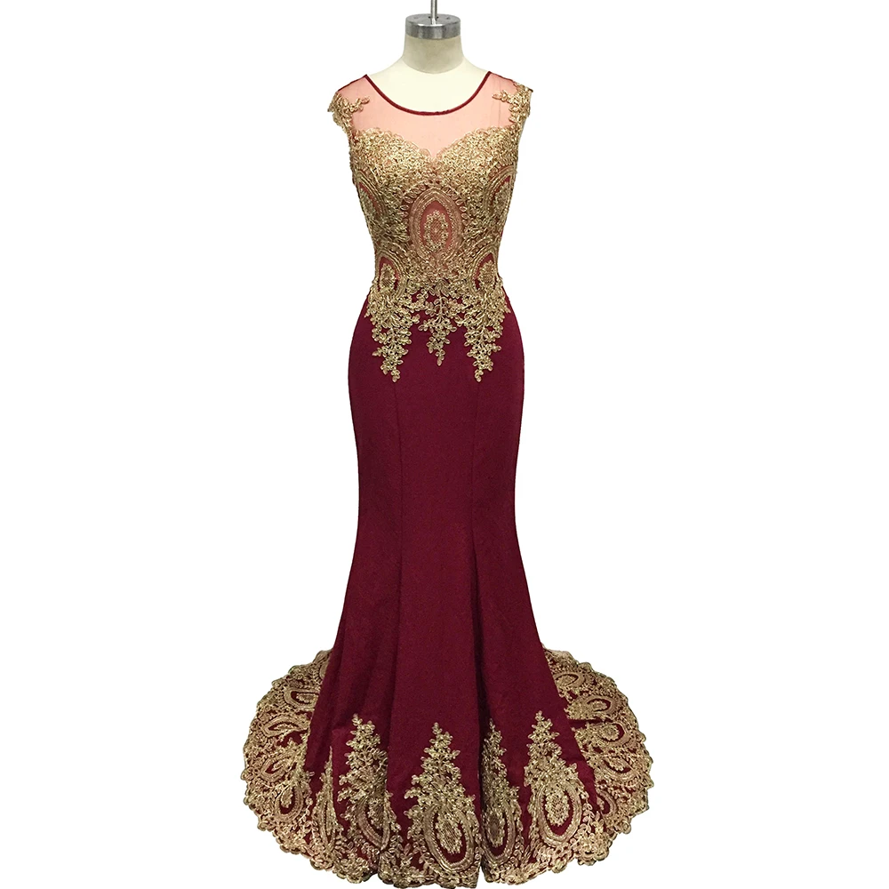 Robe de Soiree Longue Gold Lace Appliques Mermaid Evening Dress Dubai Arabic Evening Gowns Formal Evening Party Dress