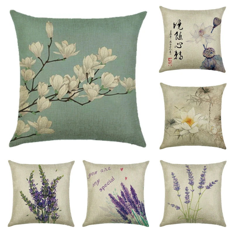 

45*45cm Cushion cover Plant lavender linen/cotton flower design pillow case Home decorative pillow cover seat pillow case