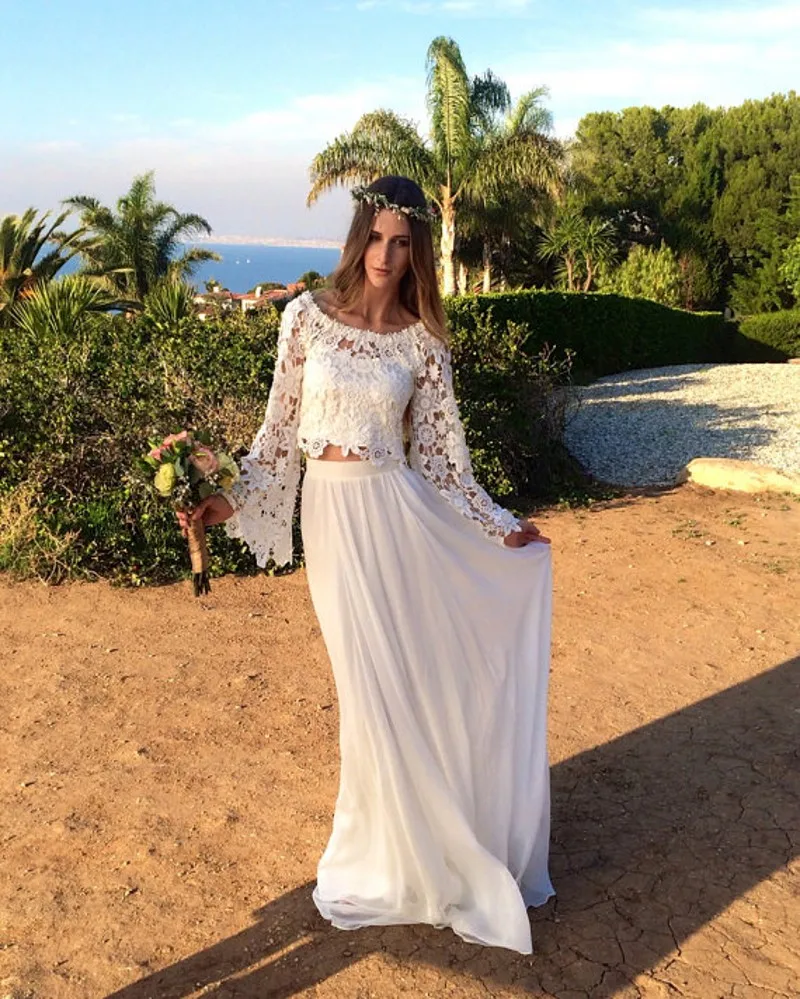 Vestido De Novia De dos piezas bohemio, romántico, De manga larga, con apliques De encaje, a la moda, 2020