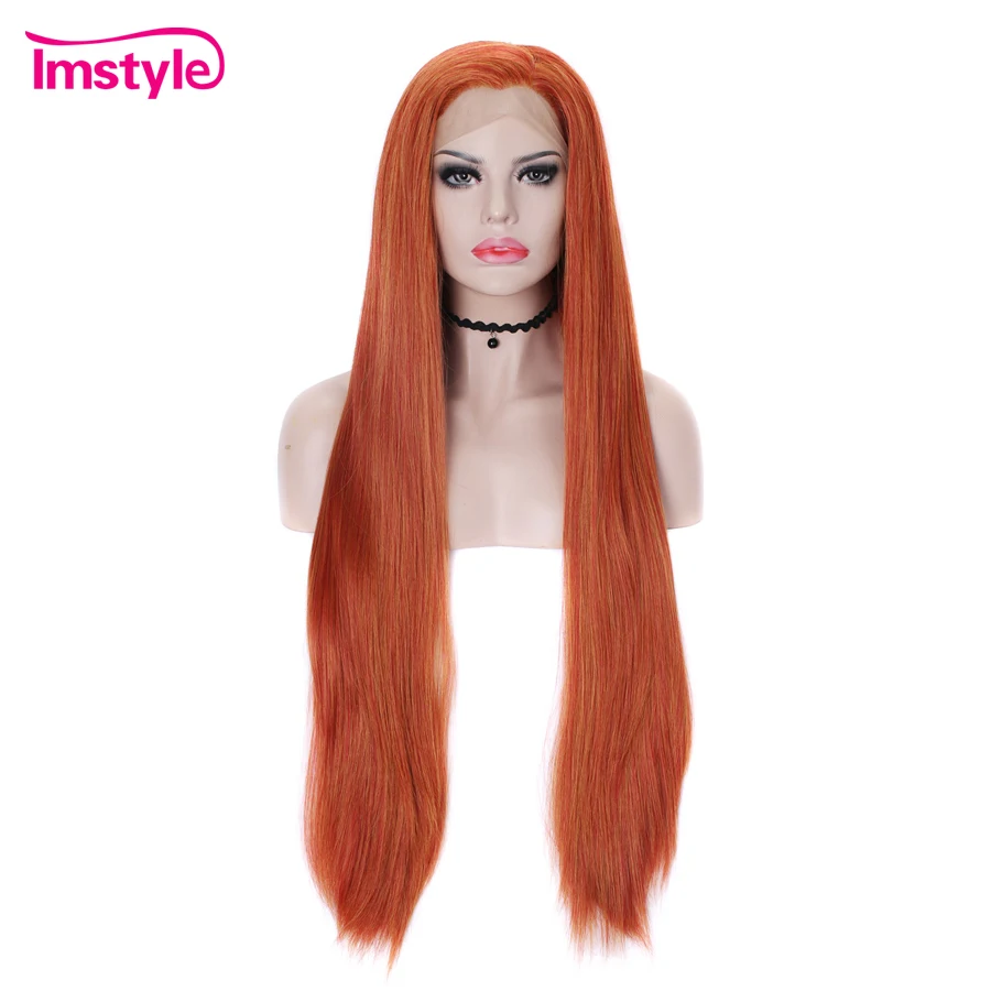Imstyle Ginger syntetyczna koronka peruka Front długie proste włosy pomarańczowe peruki dla kobiet włókno termoodporne naturalne włosy Cosplay