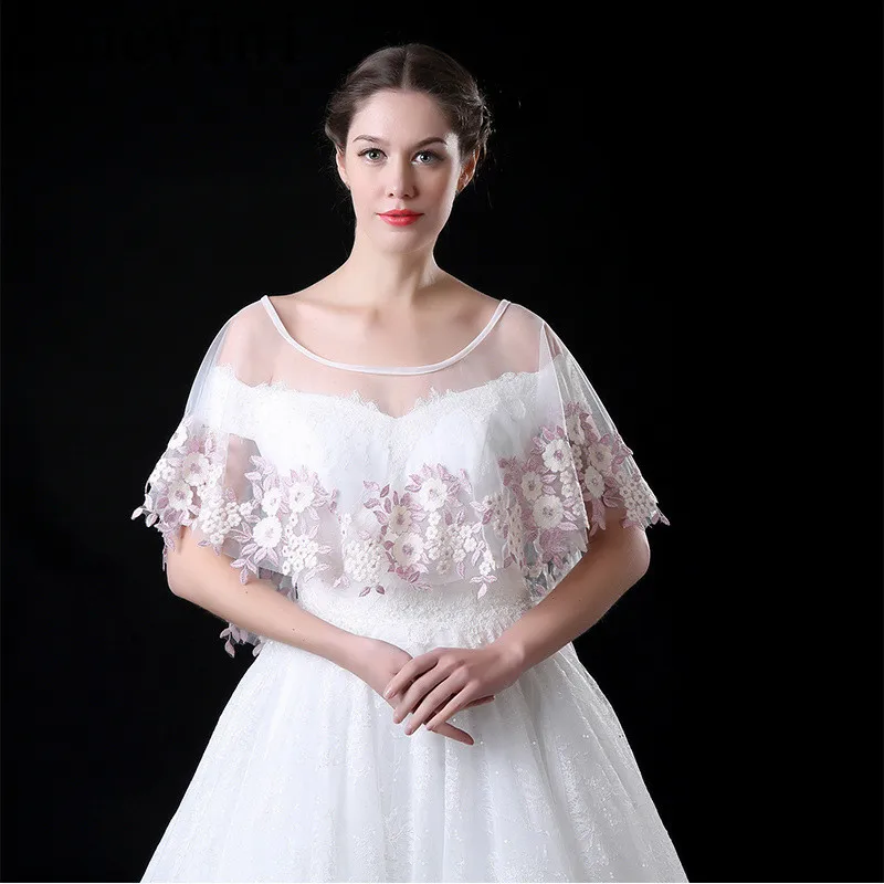 JaneVini Spring Summer Bolero for Brides Pink Lace Appliques Bridal Capes Shawls Wraps Wedding Dress Cloak Tulle Boleros Jacket